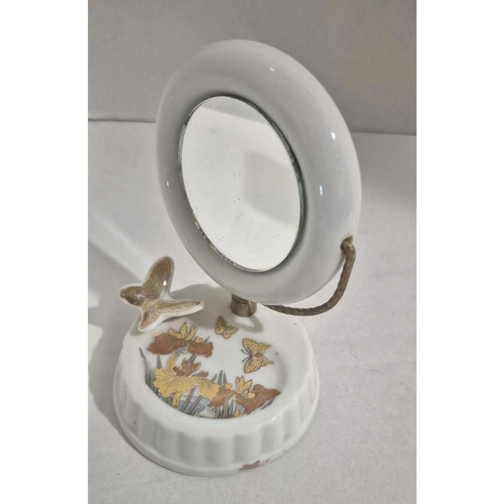 Vintage Japan 4” Mini Porcelain Swivel Mirror MAKEUP Lipstick BUTTERFLY Trinket